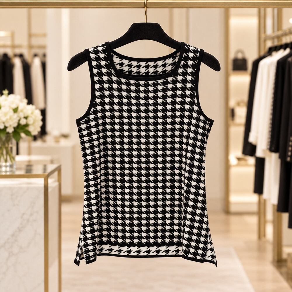 Misook Womens Black White Houndstooth Knit Sleeveless Shell Top Career Size M